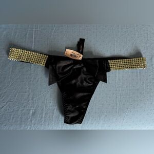 Victoria’s Secret . NWT. Black Satin Thong Rhinestone Bow MEDIUM